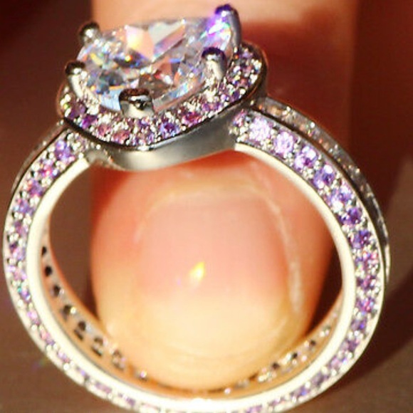 925 Princess Cut 3.8 CT Purple CZ Heart Ring - Picture 5 of 9